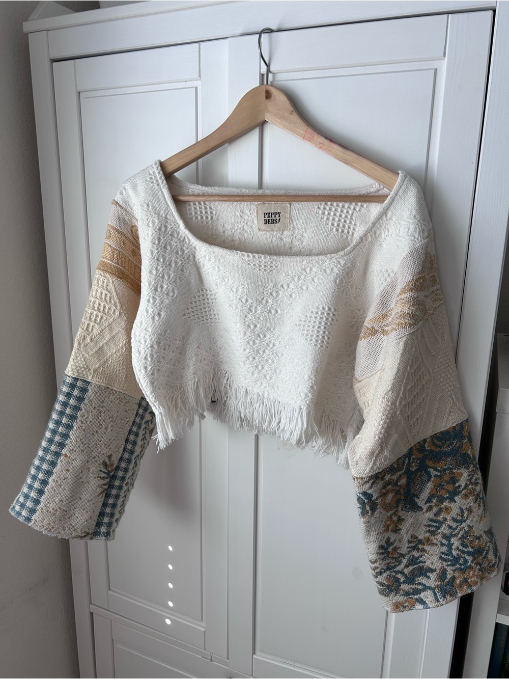 Boho Cropped Fringe Sweater Top in Cream & Teal Patchwork